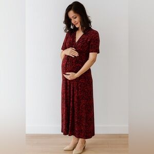 Isabel Maternity by Ingrid & Isabel Burgandy Black Maxi Dress Sz M Deep V Soft
